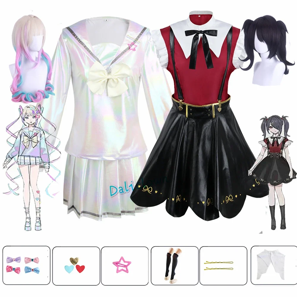 

Needy Girl Overdose Cosplay Costume Black Faux Leather Skirt Wig Anime JK Uniform White Abyss KAngel Ame Chan Cosplay Costume