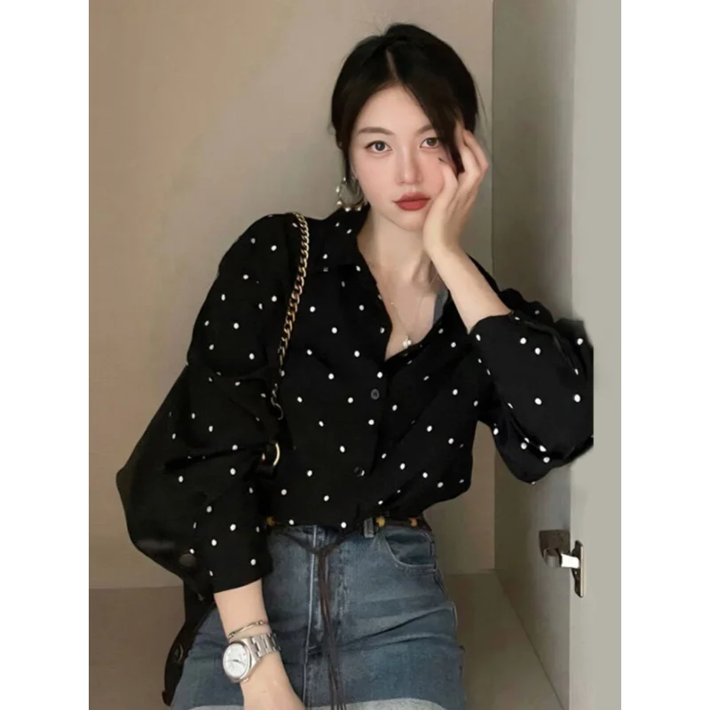 Korean Chic Retro Hepburn Style Lapel Contrast Color Polka Dot Design Loose Leisure All-Matching Long Sleeve Shirt for Women