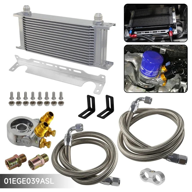 

Масляный радиатор, универсальный 16 рядов + AN10 Масляный адаптер с термостатом + плетеный шланг, линейный Комплект, серебристый/черный