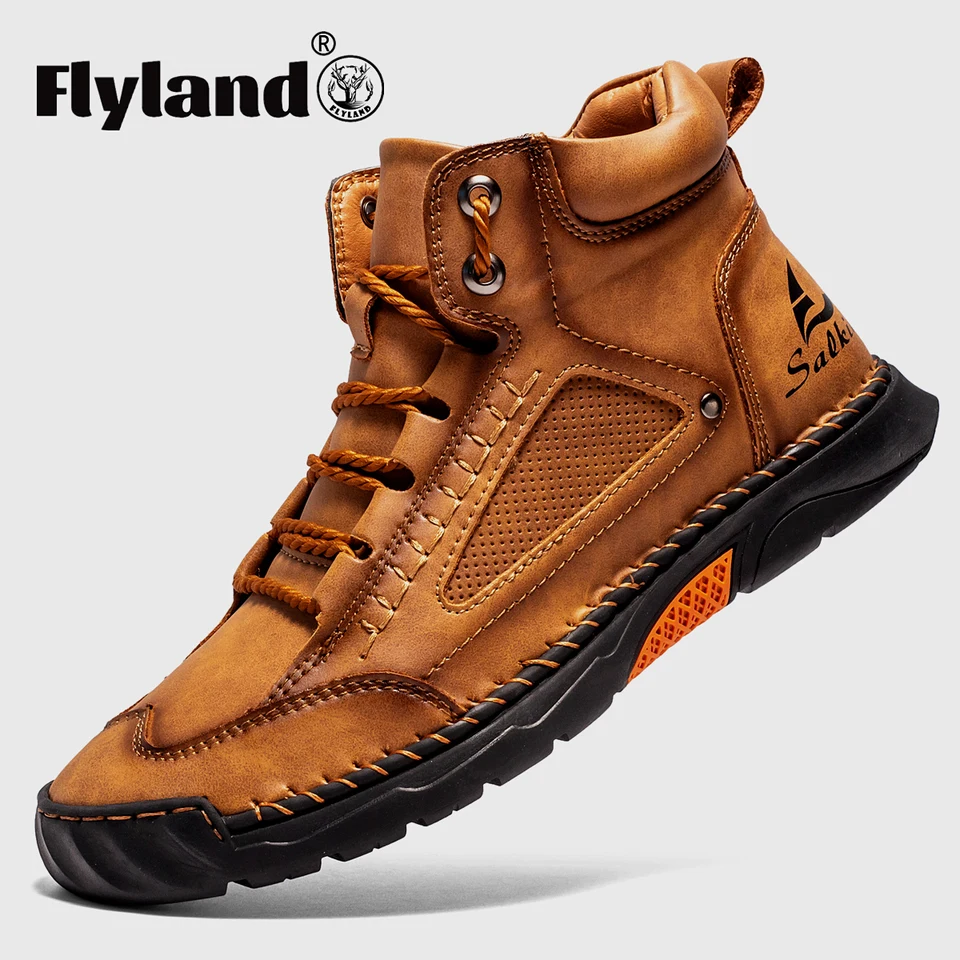 FLYLAND 남성용 클래식 빈티지 캐주얼 부츠, 부드러운 피부 친화적 느낌, 프로스트  가죽, 수제 비즈니스 앵클 부츠