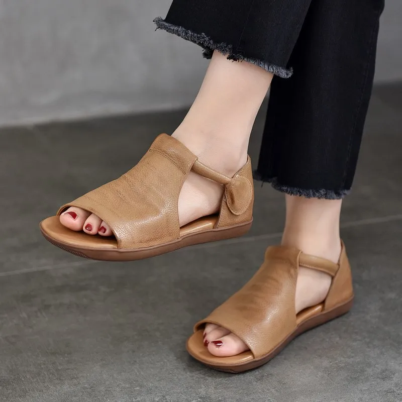 Johnature Peep Toe Flat Sandals Summer New Retro Genuine Leather Comfortable Soft Sole Versatile Women's Shoes women sandals
