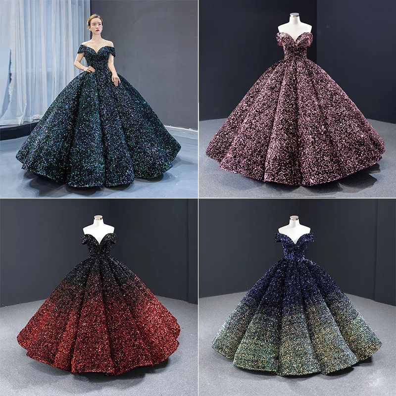 Bridal Wedding Dress Women Gradient Sequin Prom Show One-Shoulder Puffy Dress Quinceanera Dresses Ball Gown Prom