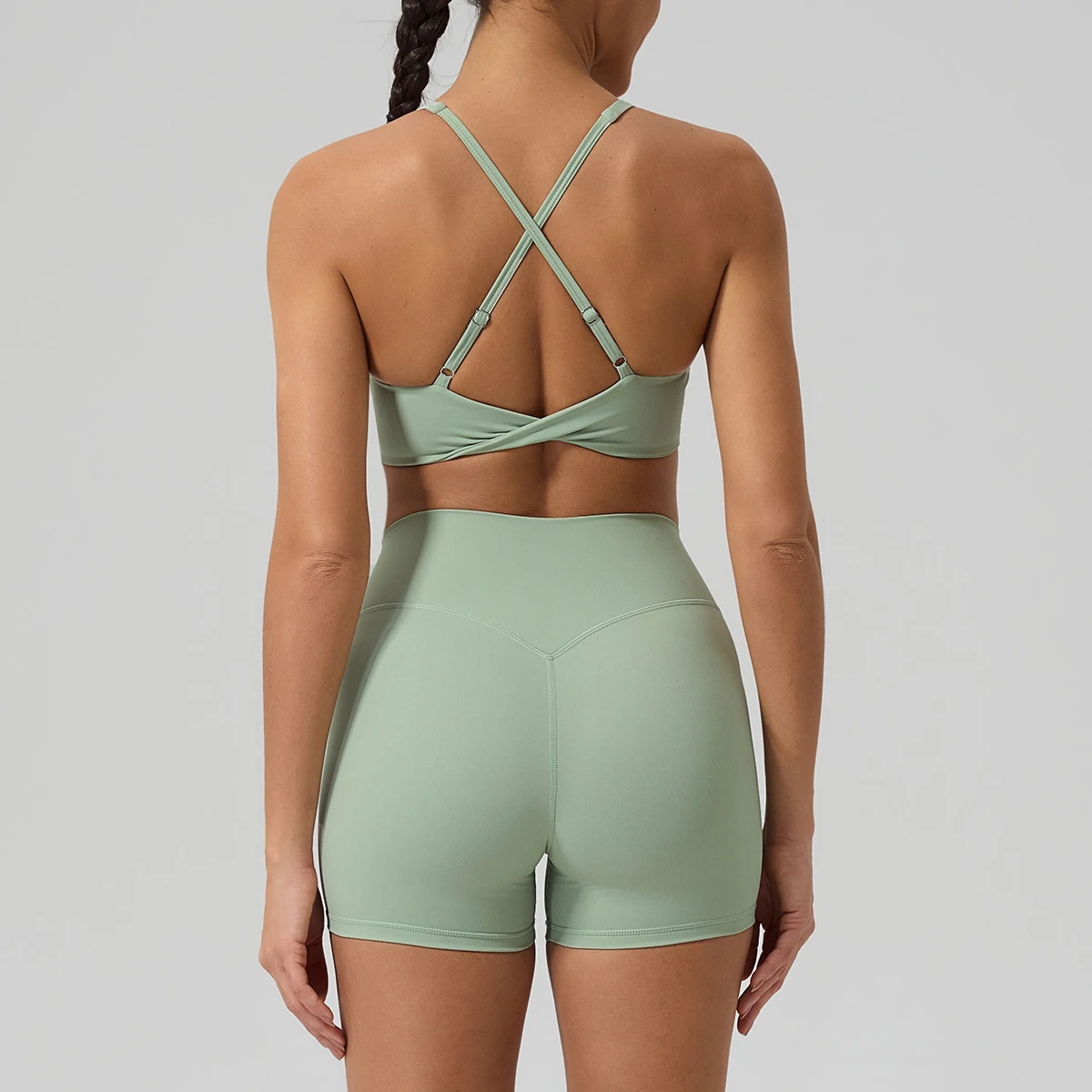 Hearuisavy Women Sports Bra Shorts Set V Neck Padded Cross Back High Waist Quick Dry Yoga Workout Gym Fitness Sportswear Outfits - תמונה 2