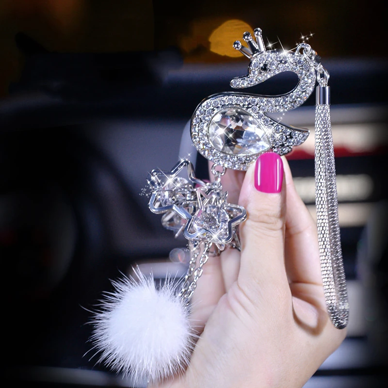 

Car Pendant Crystal Fur Ball Swan Element Decor with Rhinestones Automobile Rearview Mirror Car Hanging Ornaments Accessories