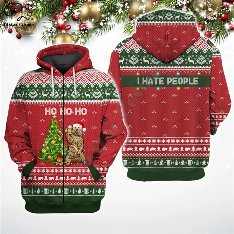 Bear Light I Hate People Ugly Christmas Sweater Camping Knitting 3D Printed Hoodies Sweatshirts Zip Hooded Men/Women Streetwear