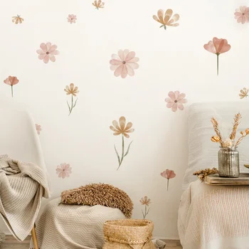 Autocollant mural fleur bohème aquarelle pour chambre d'enfant, salon, décoration d'intérieur, art écologique, amovible, en PVC 1