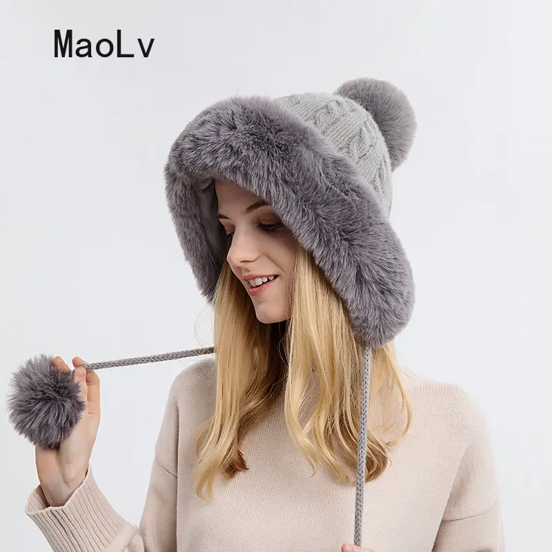 Winter Fluffy Fur Kintted Cap for Women Russian Lady Soft Warm Ear Protection Hats Female Outdoor Plush Coldproof Ball Beanies 2
