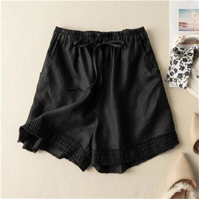 Summer Women Vintage Lace Patchwork High Waist Cotton Linen Short Pants Female Simple Casual Streetwear Loose Y2K Beach Shorts