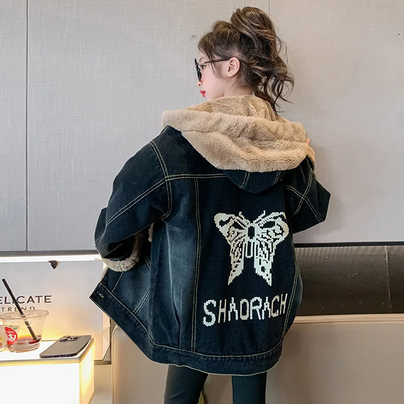 

Детская джинсовая куртка для девочек, черная, синяя теплая верхняя одежда на осень и зиму, плотная бархатная куртка для детей 4, 6, 8, 10, 12, 13, 14 лет