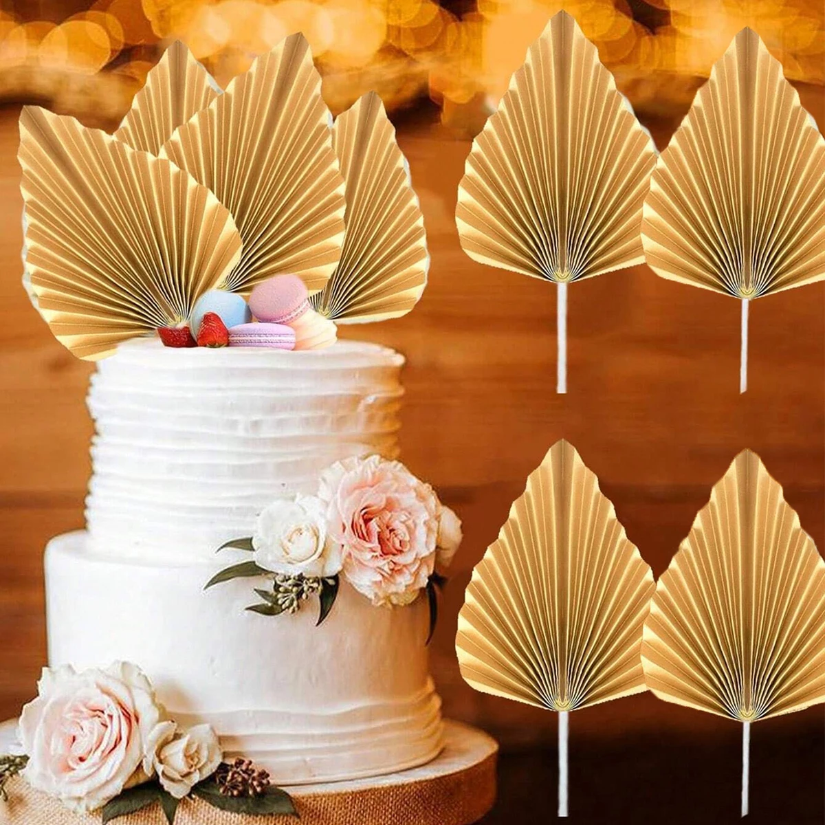

2/4pcs Palm Spear Cake Topper Happy Birthday Golden Palm Leaf Decor Cake Decorating Wedding Baking Dessert Table Party Favors
