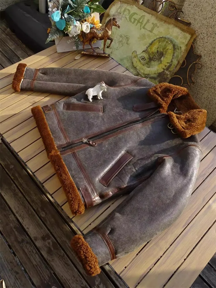 남성 천연 양가죽 겨울용 두꺼운 따뜻한 울 안감 남성용 리얼 퍼 숏 코트 빈티지 오토바이  가죽 시어링 재킷