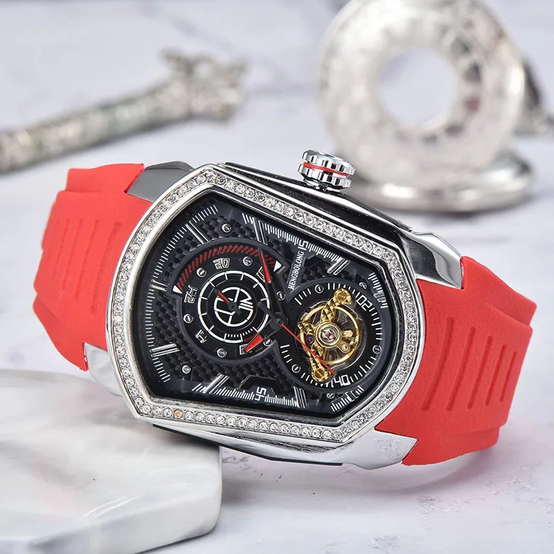 New Model for The Same Tourbillon Flywheel Device Mechanical Men's Wristwatch Waterproof Rubber Watches for Male Diamond Tonneau
