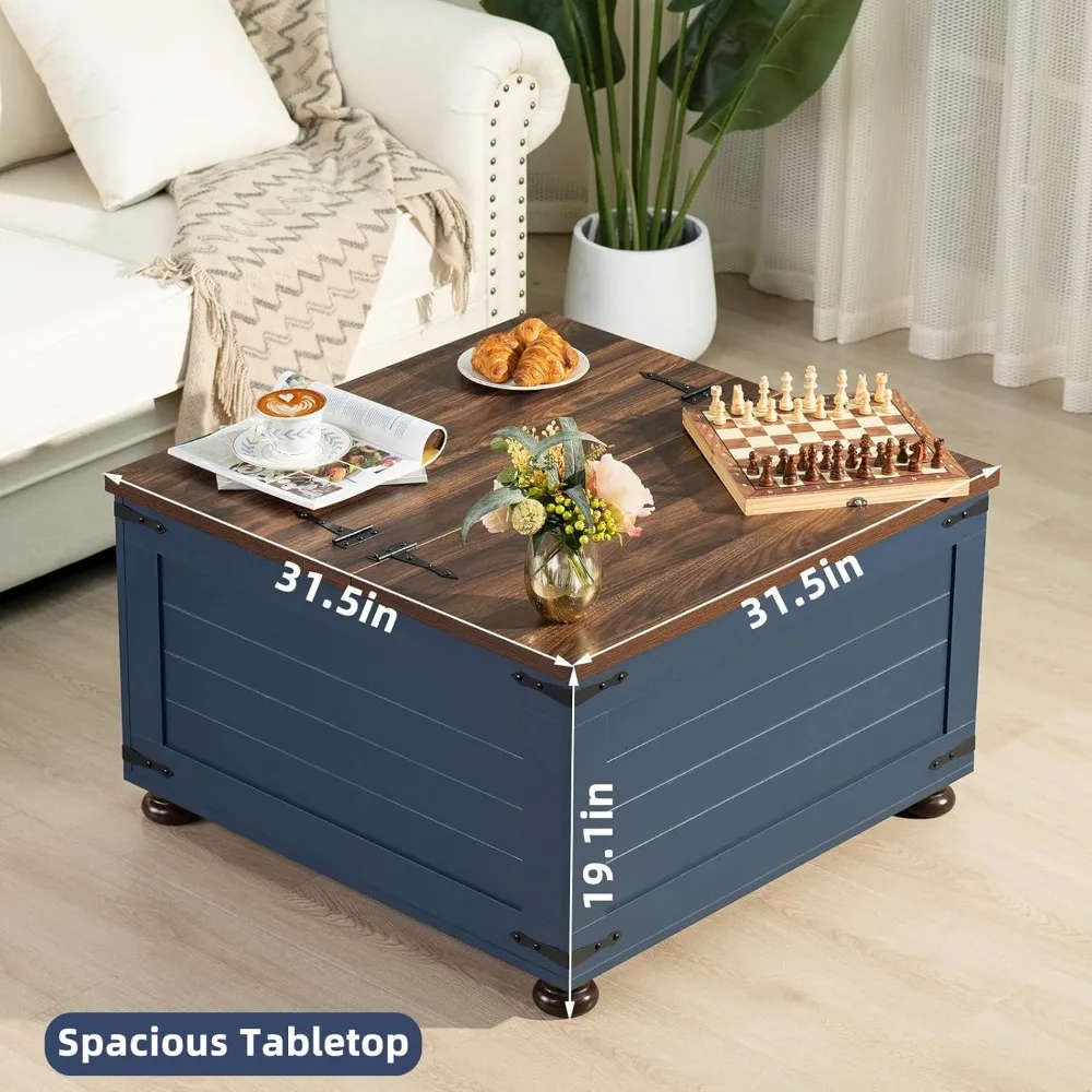 Farmhouse Coffee Table with Hidden Storage, Gallon Square Center Table for Living Room, Rustic Wood Cocktail Tables 4