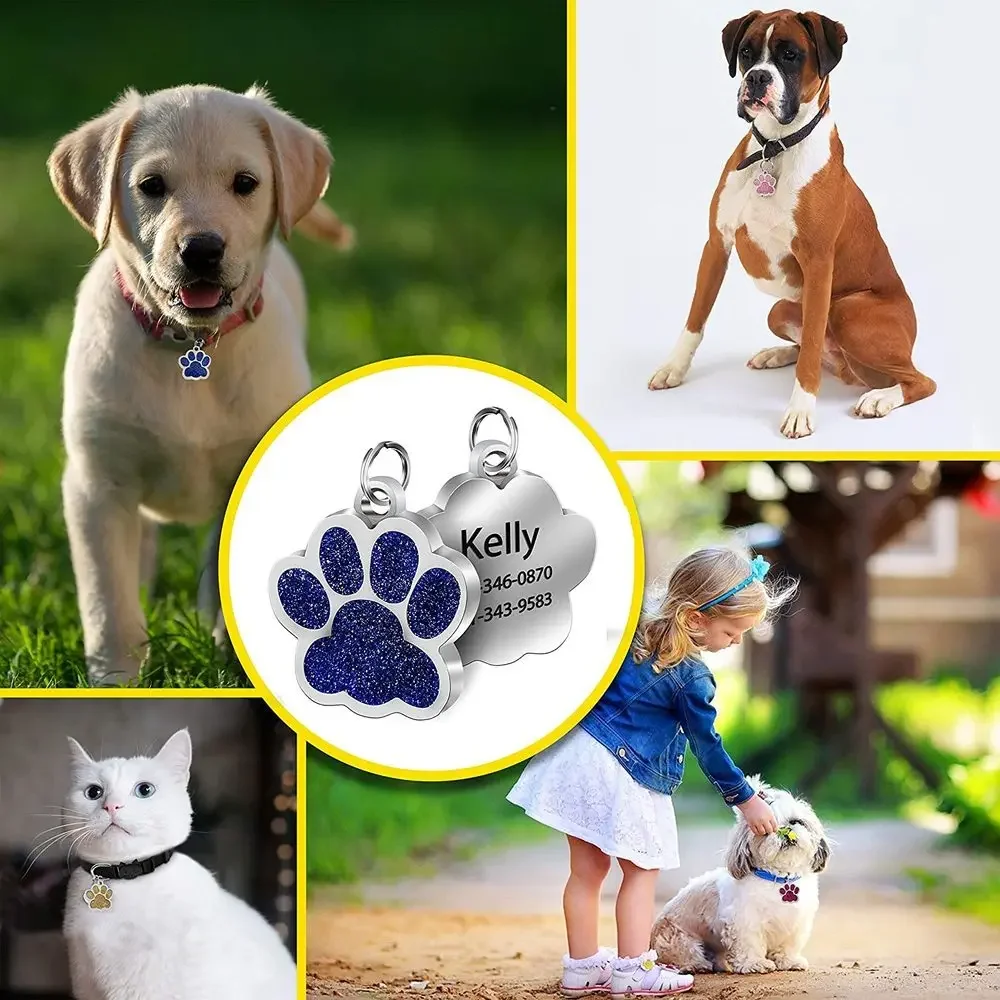 Pet ID Tags Dog Cat Tags Engraved Collar Tag Pendant Paw Glitter Accessories
