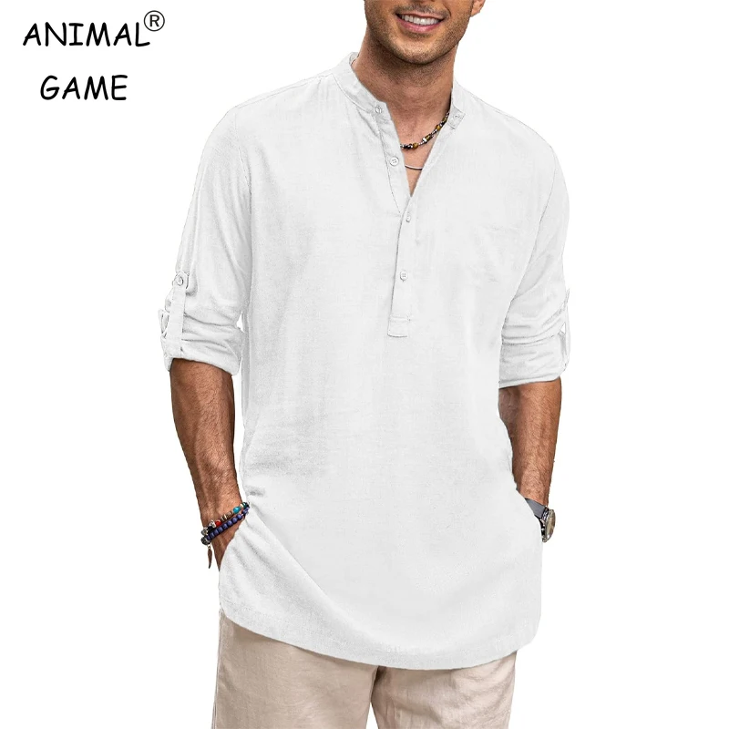 Nouvelles chemises surdimensionnées en coton pour hommes chemises décontractées légères à manches longues chemises de plage Henley t-shirts hawaïens pour hommes