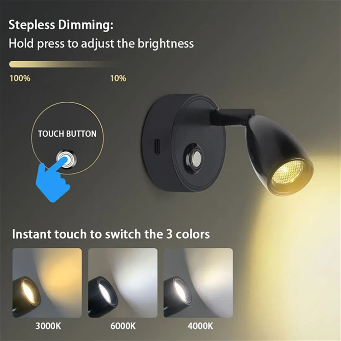 Dual USB Charging Ports 12V LED Reading Light RV Touch Dimmable Reading Lamp 3 Color USB C Charger 24 Volt Swivel Spotlight led light led reading light