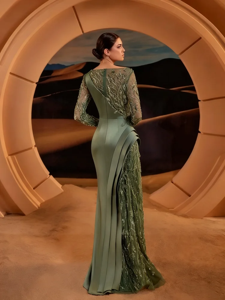 فستان سهرة أنيق باللون الأخضر الزيتوني بأكمام طويلة ومطرز بحورية البحر فستان حفلة مناسبة خاصة فستان طويل مخصص