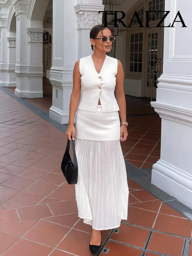 TRAFZA Women 2 Piece Set Chic V-Neck Sleeveless Button Knitted Vest Top+Splicing High Waist Side Zipper Ankle-Length Skirt TRAF 5