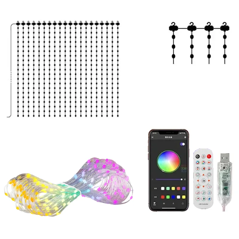 Paquete de 2 luces de cortina inteligentes, luces de Color RGB de 400Led, iluminación ambiental para el hogar, modo de música controlado por aplicación, luces decorativas navideñas