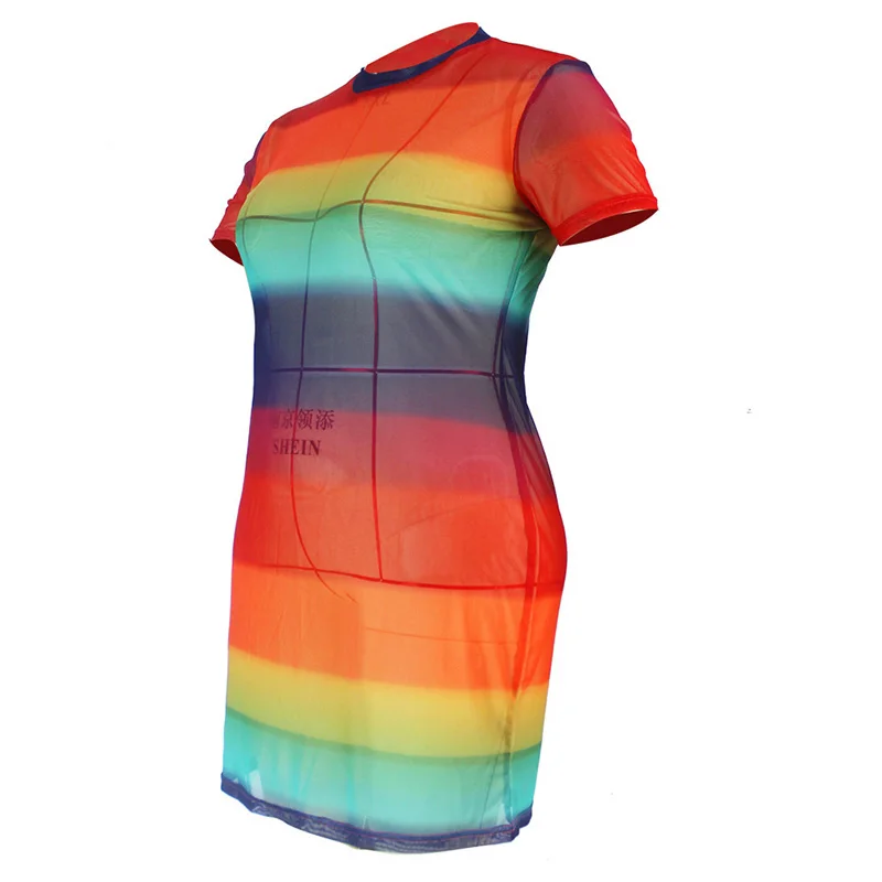 Spring Summer Clothes for Women Sexy Perspective Round Neck Rainbow Striped Printing Short Sleeve Club Plus Size Midi Dresses