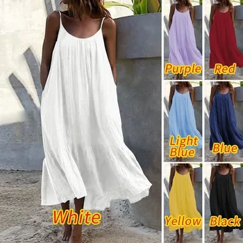 Summer New Loose Sleeveless Pure Color Long Dress with Lace Hemline And Thin Strap Elegant Women's Fashion Dress 1