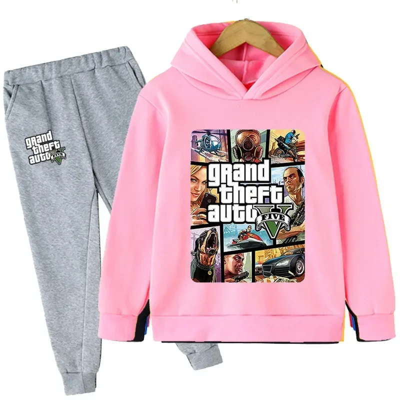 thumbnail image 1 of Conjunto de 2 piezas de sudaderas con capucha y pantalones largos de dibujos animados para niños, juego de Gta 5, ropa para niños de 4 a 14 años, chándal de otoño, 1 of 5