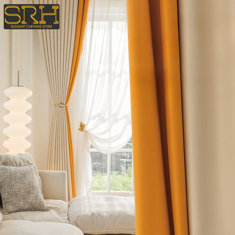 

Cream and Orange Blackout Curtains New Thickened Bedroom Living Room Light Luxury Modern Simple Solid Color Window Custom Cloth