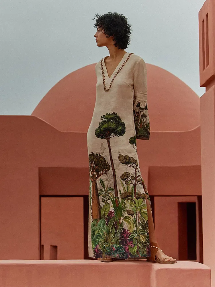 

Элегантное Шикарное облегающее Платье макси с принтом и вышивкой, женское пикантное платье без рукавов с V-образным вырезом, халаты с высокой талией, весна 2024, Женская пляжная одежда, платье