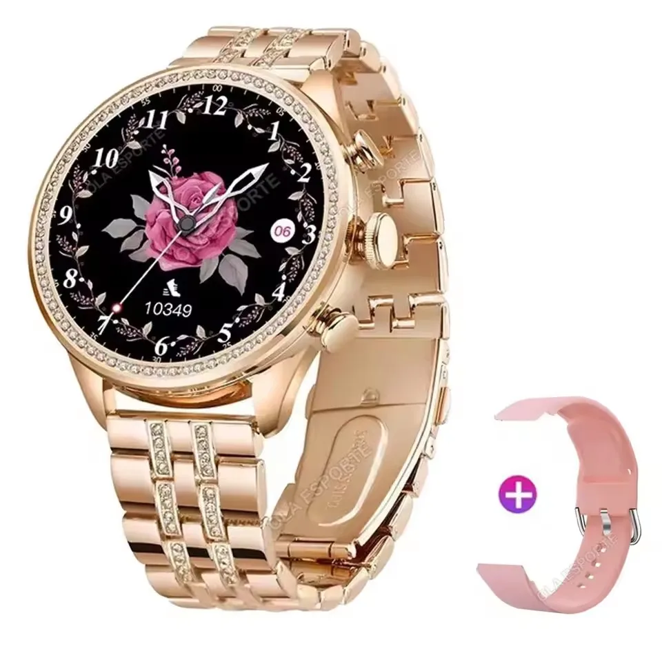 Mulheres relógio inteligente moda diamante pulseira de relógio tela amoled hd bluetooth chamada smartwatch à prova dwaterproof água monitoramento freqüência cardíaca sono