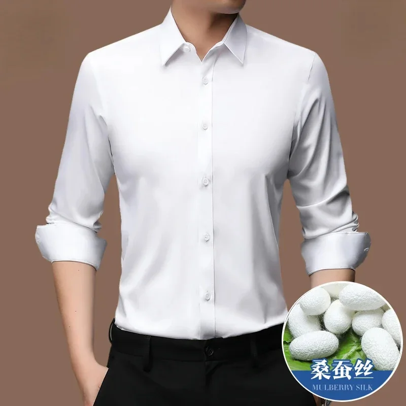 

100% Mulberry Silk Long Sleeved Men Shirts High Quality 's Clothing 2024 New Business Casual Shirt for Camisa Masculina