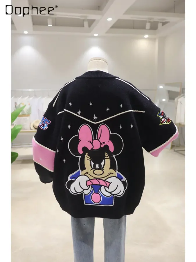 Color Matching Cartoon Embroidered Knitted Cardigan Women Autumn Winter Loose Thickening Keep Warm Baseball Uniform Sweater Coat dog clothes knitwear dog sweater soft thickening warm pup dogs shirt winter puppy sweater for chihuahua yorkie