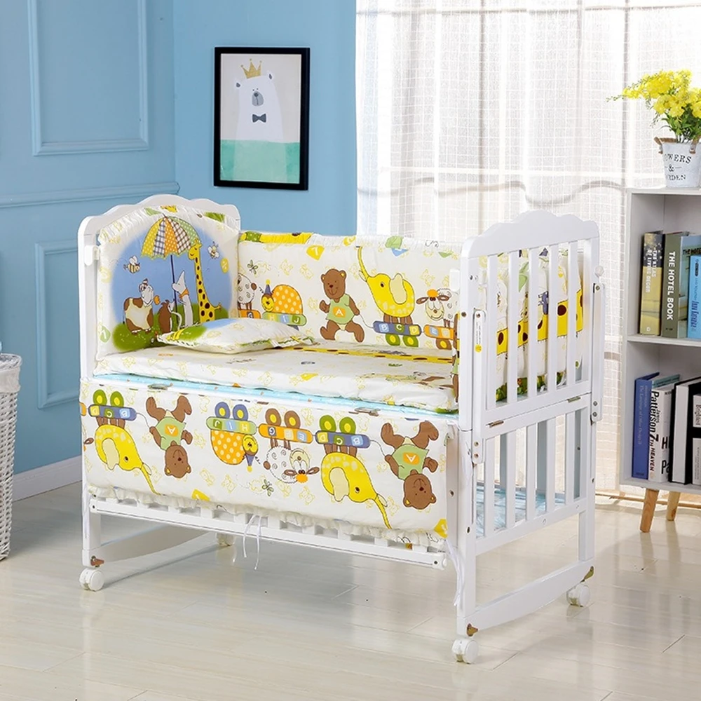 6PCS Cotton Nursery Bedding Crib Bedding Set For Boys and Girls Baby Girl Crib Bed Set (4bumpers+Matress+Pillow)