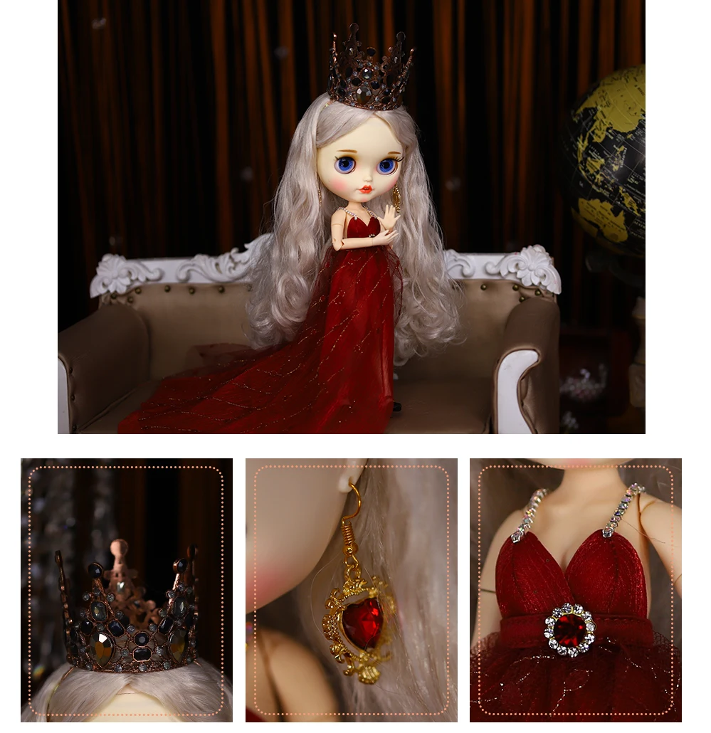 Neo Blythe Doll Queen Red Gown with Crown & Earrings 3