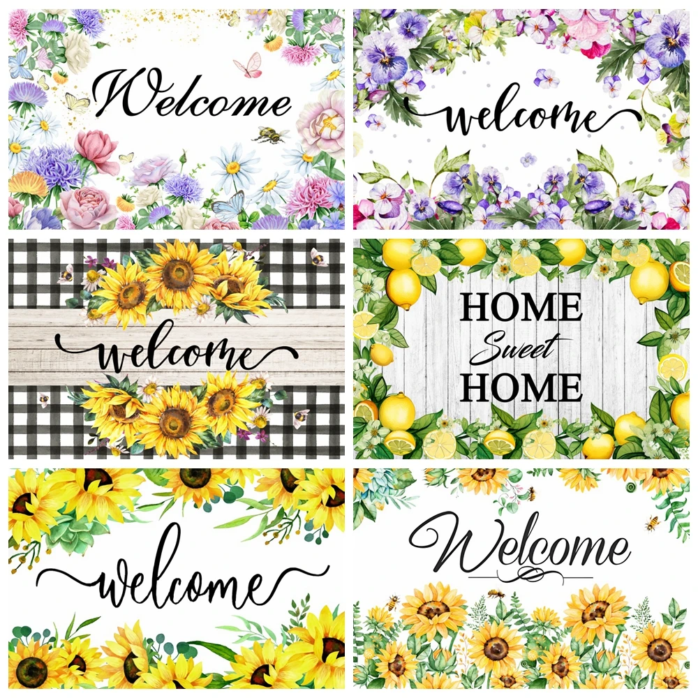 

Welcome Home Photography Backdrop Flower Floral Sunflower Green Leaves Welcome Veterans Day Photographic Background Photo Props