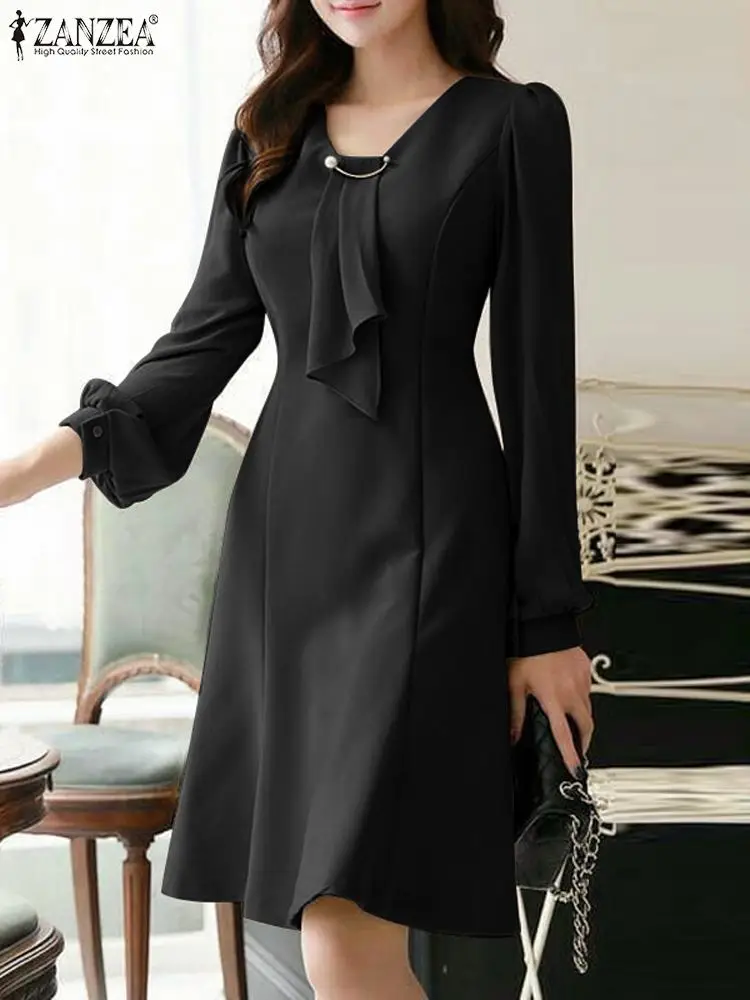 ZANZEA 여성 무릎 길이 드레스, 빈티지 슬림 우아한 허리 드레스, 섹시한 V넥 랜턴 슬리브 로브, 2023 가을 패션 ZANZEA 여성 무릎 길이 드레스, 빈티지 슬림 우아한 허리 드레스, 섹시한 V넥 랜턴 슬리브 로브, 2023 가을 패션