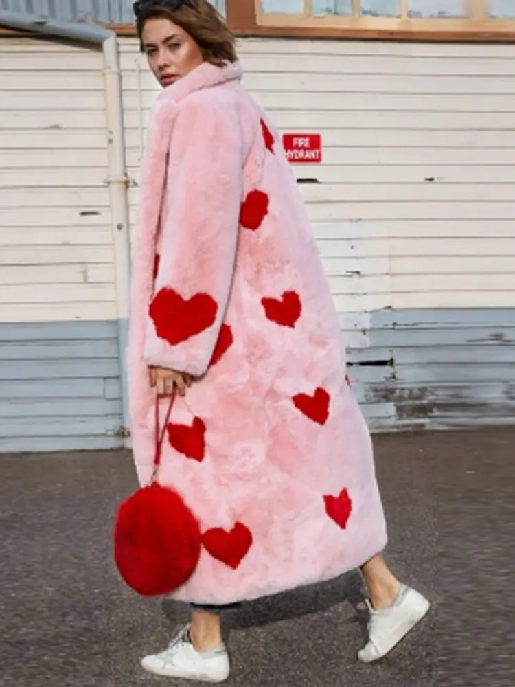 

Women Sweet Reversible Heart Print Faux Plush Coat Chic Lapel Long Sleeve Thicken Cardigan 2023 Autumn Lady Elegant Warm Jacket