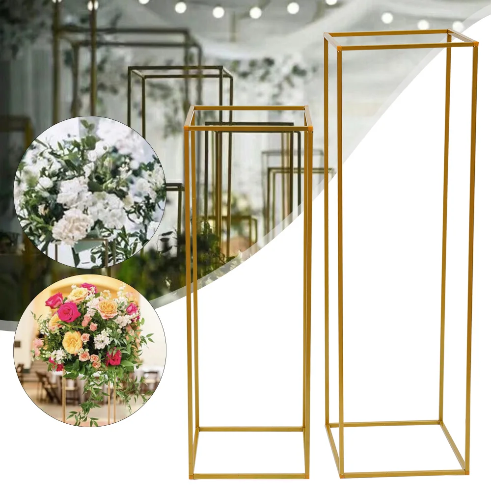 Set of 2 Gold Flower Stand for Wedding Metal Column Vases Stand Rectangular Flower Display Rack for Wedding Party Birthday Event