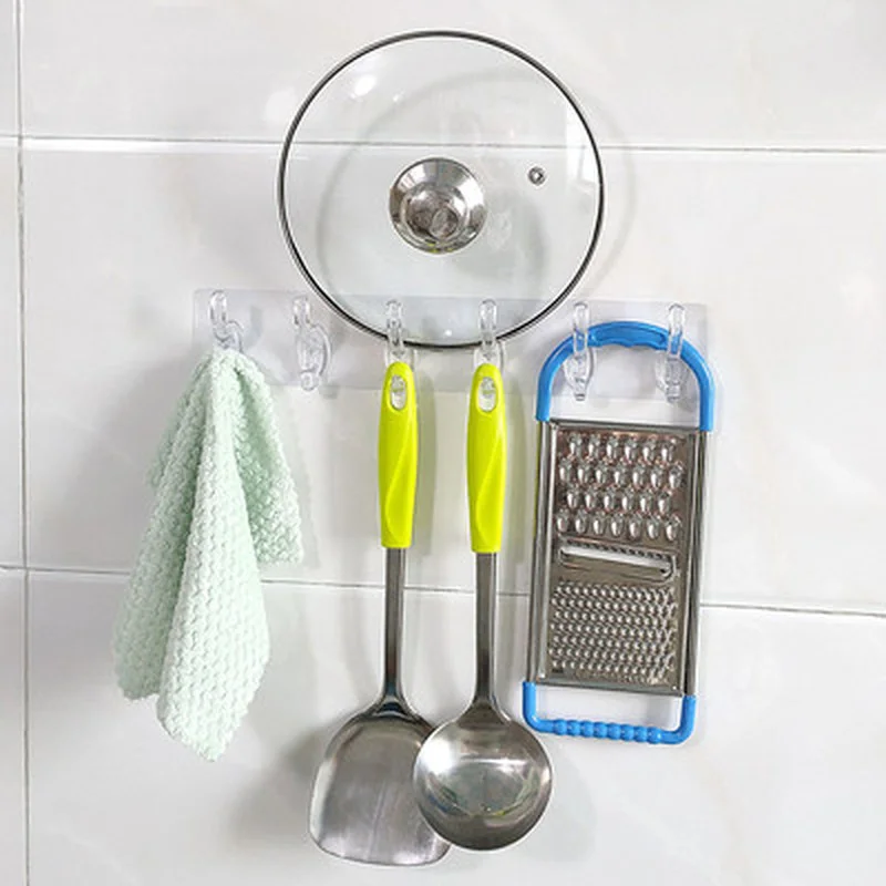 Transparent Plastic Glue Hooks Kitchen Bathroom Six Rows Hooks Nail-free Wall Hook A Row Of Traceless Wall Hanger Sticke wall mount hooks,self adhesive hooks,multi purpose hooks,adhesive wall hook,kitchen hooks,wall organizer hook