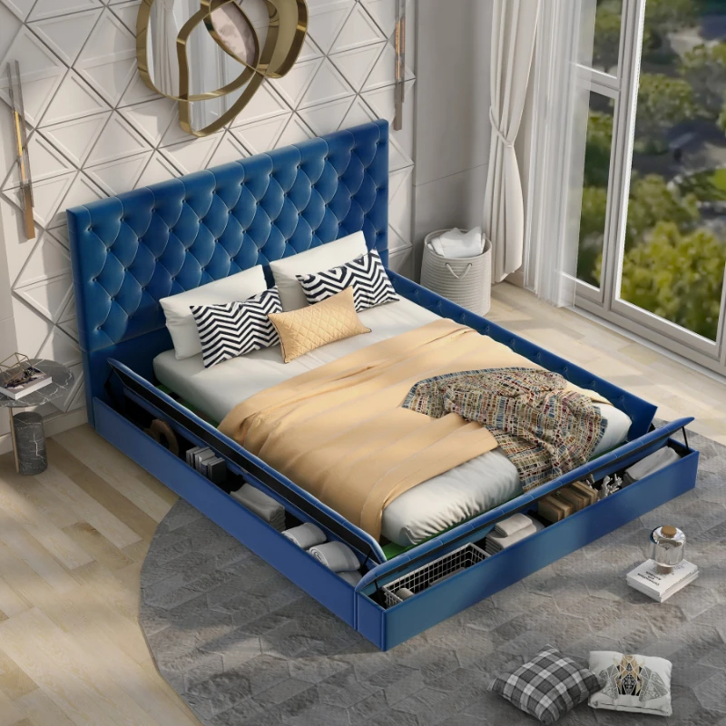 

Bed,Classic Upholstery Low Profile Storage Platform Bed with Storage Space and Footboard,for youth adult bedroom