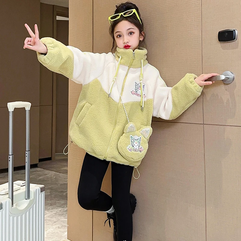 

Sanrio Kawaii Anime Kuromi Wintertime Children Thickness Plush Coat Bag Cute Cartoon Warm Long-Sleeved Jacket Gifts for Girls
