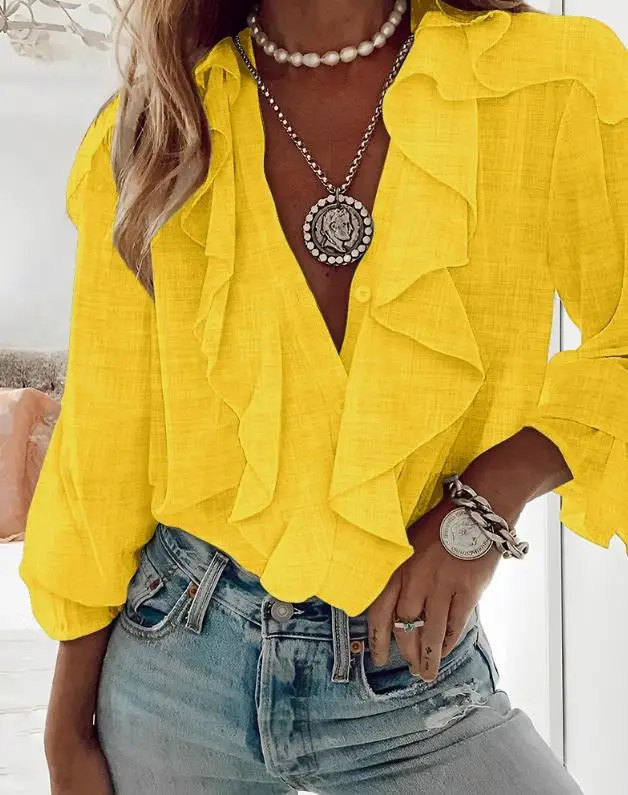 

Fashion Woman Blouse 2023 Summer New Casual Fashion V-Neck Ruffle Hem Button Front Blouse Elegant Commuter Design