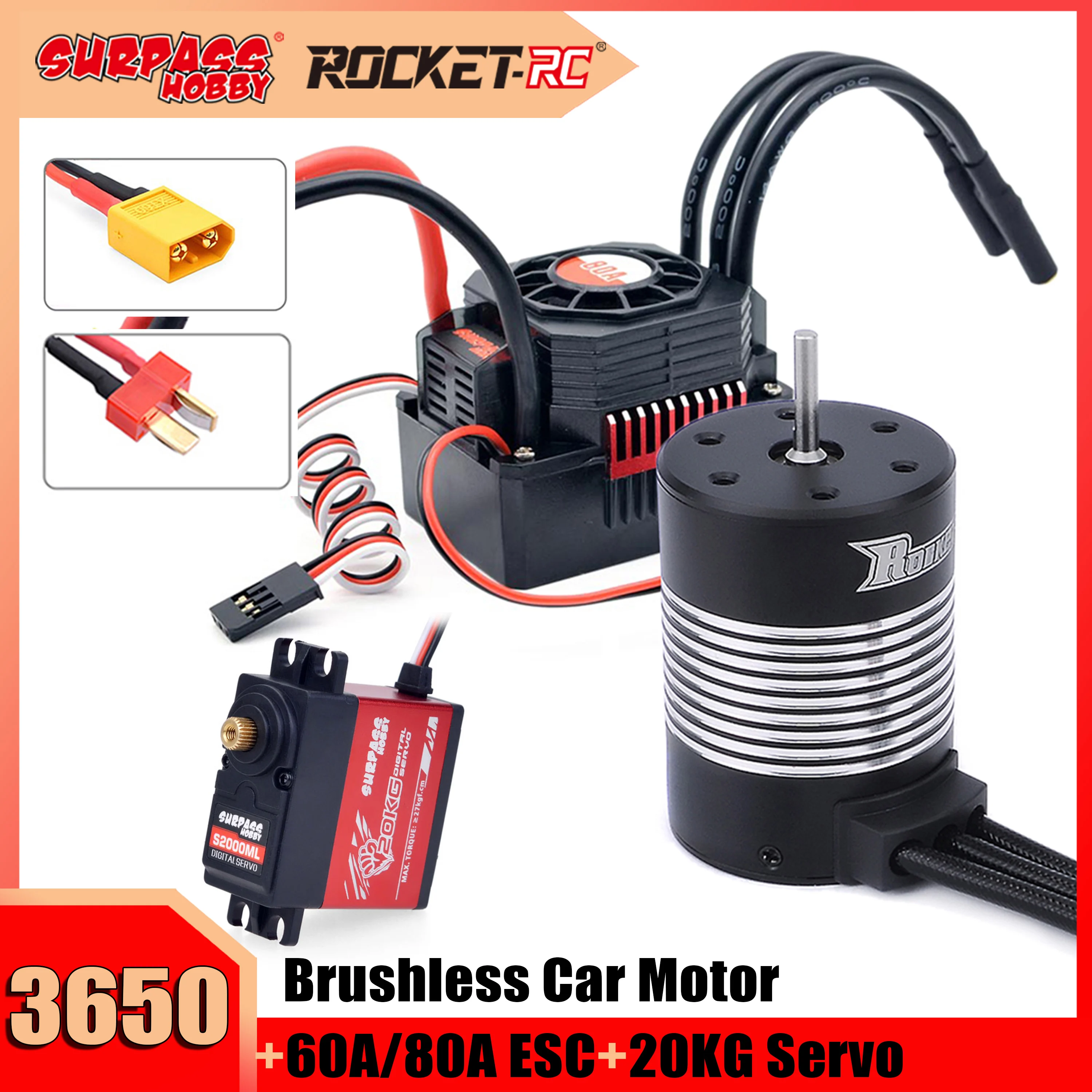 

Rocket 3650 Waterproof Brushless Motor 80A 60A ESC 20kg Metal Gear Servo Set for 1/10 RC Car Crawler Racing Axial Wltoys Tamiya