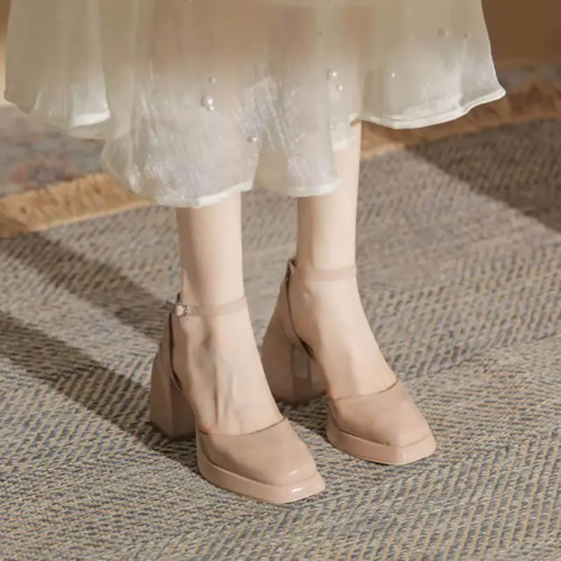 Beige High Heels Ankle Strap Platform Pumps Women Fashion Square Toe Chunky Heeled Sandals Lady Beige Wedding Dress Party Shoes