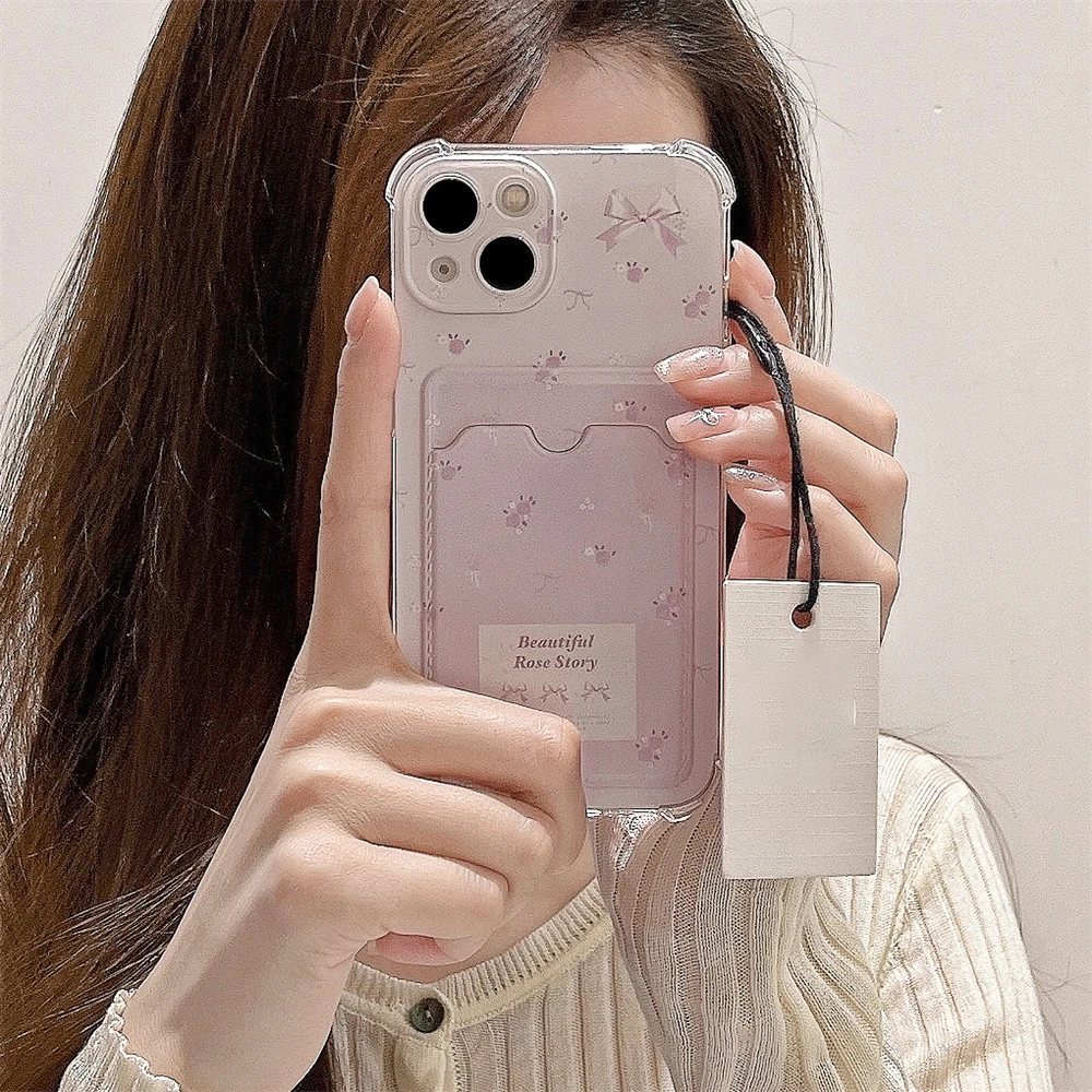 Korean Cute Flowers Card Holder Soft Phone Case For iphone 15