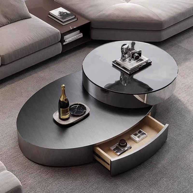 

Light Luxury Tea Table Rotating Home Living Room Stainless Table Steel Glass Designer Creative Advanced Circular Furniture