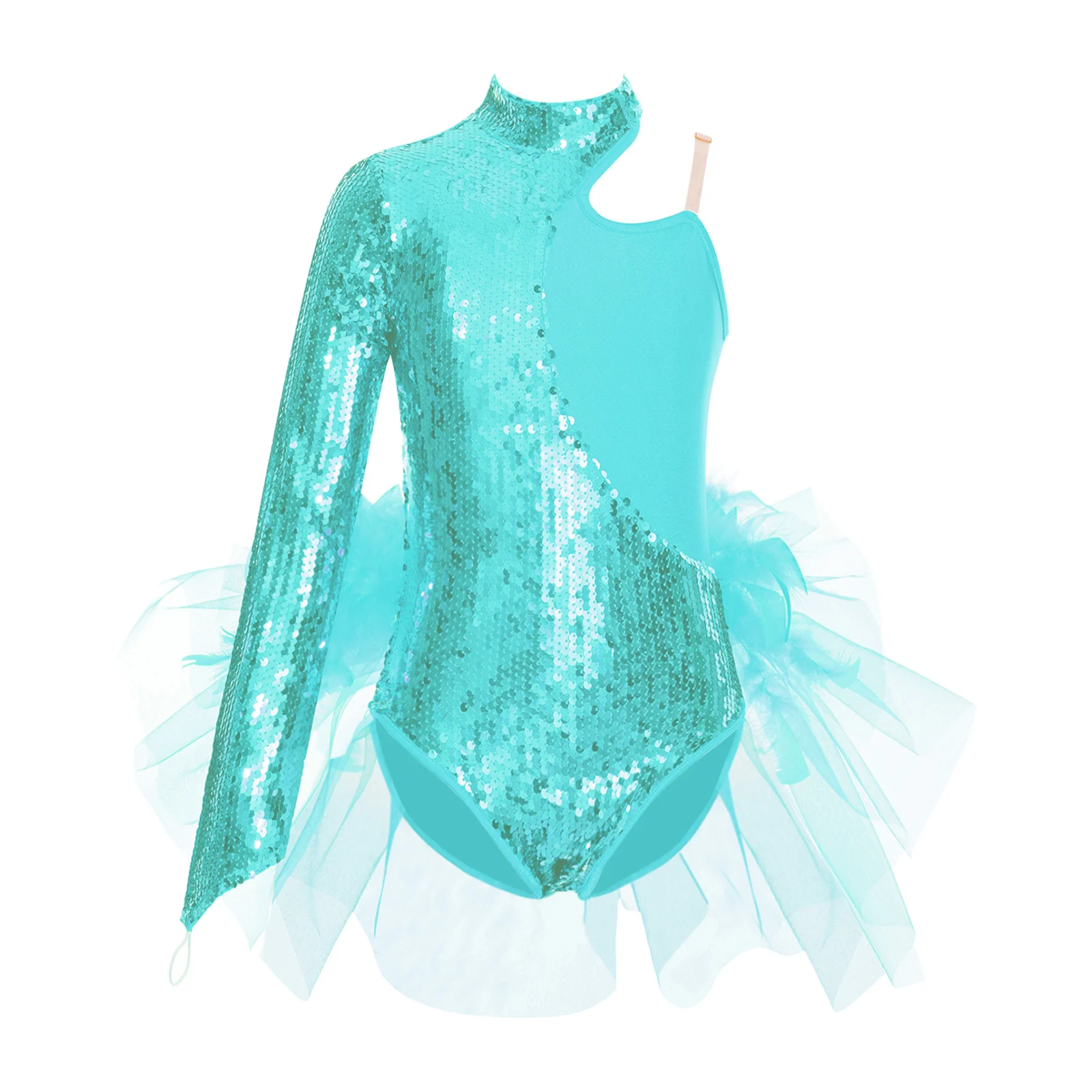 thumbnail image 1 of Traje de leotardo con falda de tul y plumas de lentejuelas brillantes para niñas, traje de manga larga con cuello simulado, traje de actuación de baile, 1 of 5