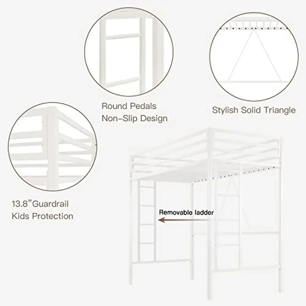 Twin Size Loft Bed Metal Frame with Safety Guard Removable Ladder Space-Saving Design Stain Resistant Modern Style Easy Assembly