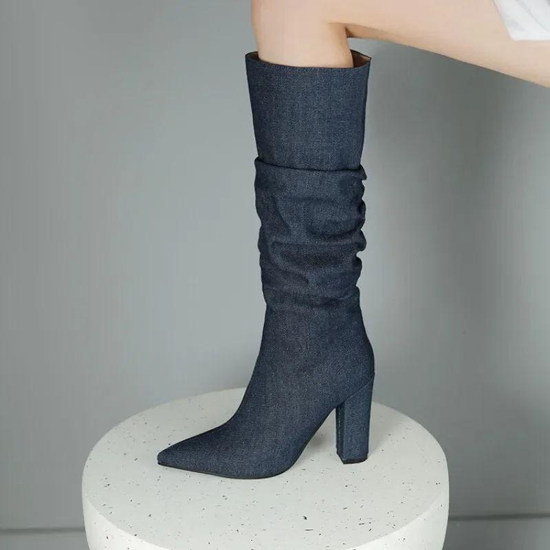 여성용 하이힐 카우보이 부츠, 슬립온 포인티드 토 스퀘어 힐, 모던 부츠, 높이 10cm, 가을 및 겨울 패션
