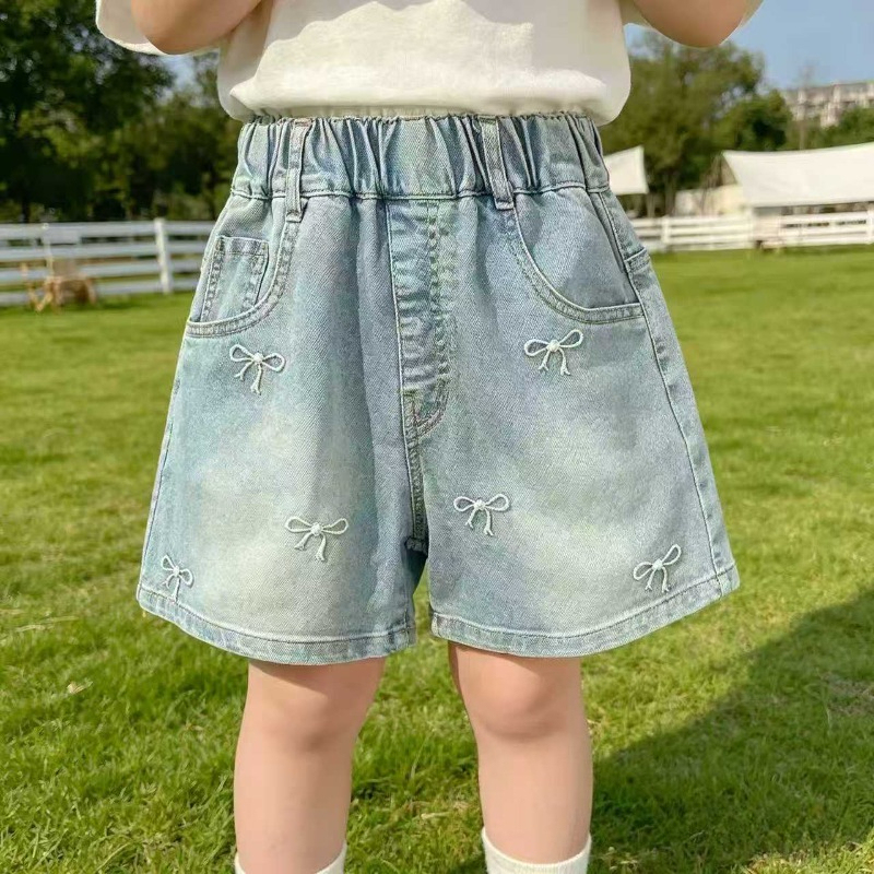 2-10 Years Girls Denim Shorts Summer New Item Embroidery Bow Fashion Mid To Large  Jeans Children Korean Version Casual Shorts