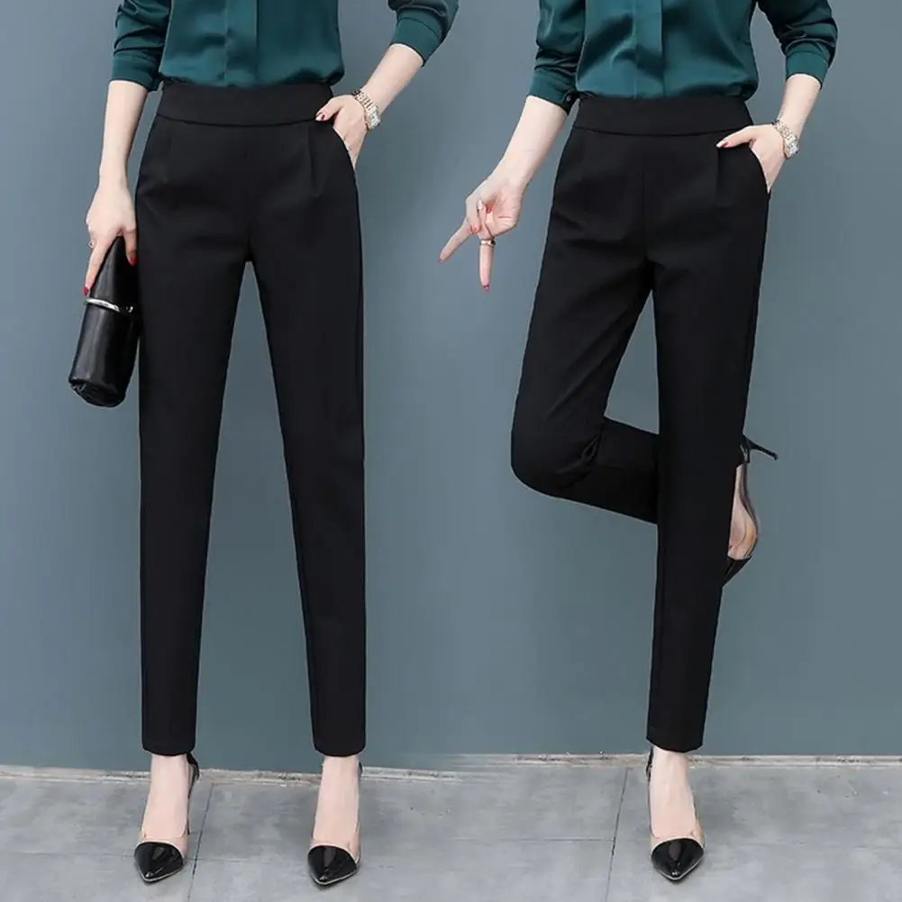 

Women Solid Color Suit Pants High Waist Elastic Waistband Slant Pockets Slim Casual Long Trousers for women pantalones de mujer